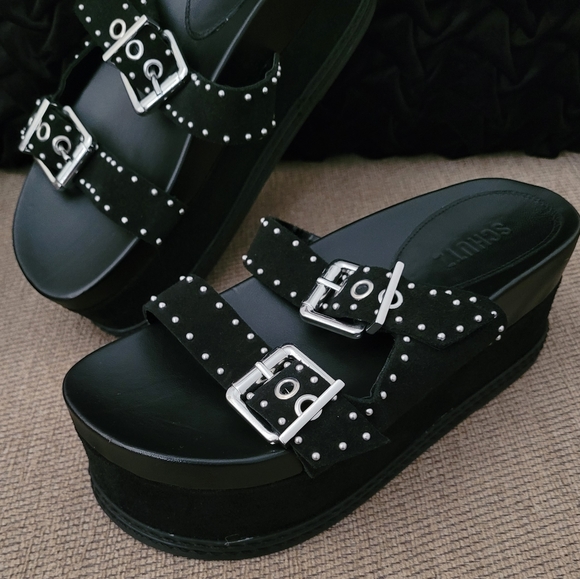 SCHUTZ Shoes - SCHUTZ X REVOLVE SIRAH BLACK STUDDED FLATFORM SLIDE SANDALS